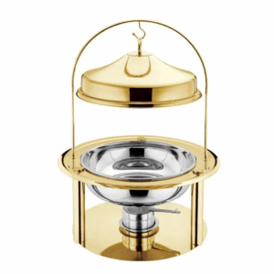 Stylish gold and silver chafing dish with elevated lid and fuel holders, designed for buffet-style food warming—ideal for Houston catering and upscale party rental displays.
