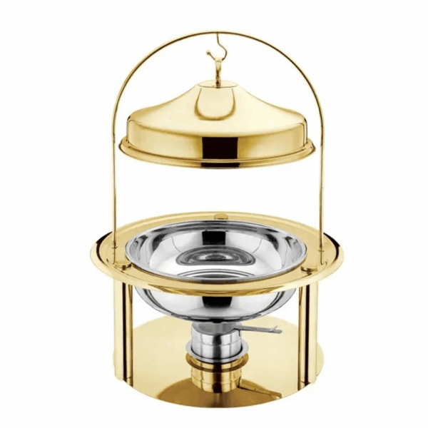 Stylish gold and silver chafing dish with elevated lid and fuel holders, designed for buffet-style food warming—ideal for Houston catering and upscale party rental displays.
