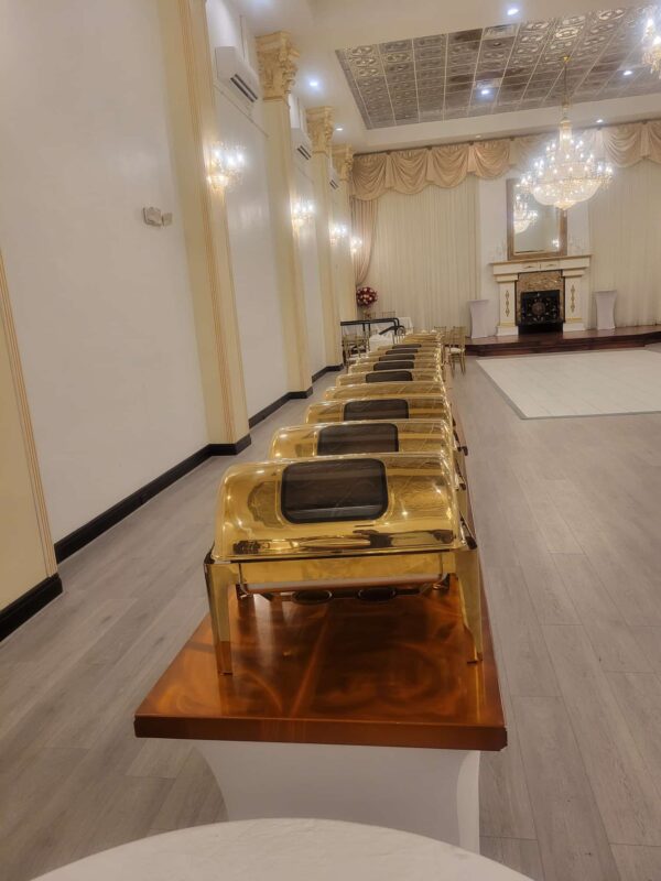Elevate events with our gold chafing dish rentals—sleek, stylish, perfect for weddings & VIP parties. Available in Houston & nearby areas.