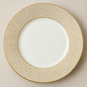 Elegant 6.5-inch Wedgwood-style bone china salad plate with a rich white porcelain surface and radiant gold rim—perfect for luxury table settings, formal catering, wedding rentals, and upscale events in Houston.