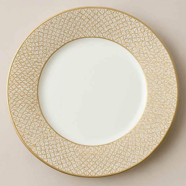 Elegant 6.5-inch Wedgwood-style bone china salad plate with a rich white porcelain surface and radiant gold rim—perfect for luxury table settings, formal catering, wedding rentals, and upscale events in Houston.