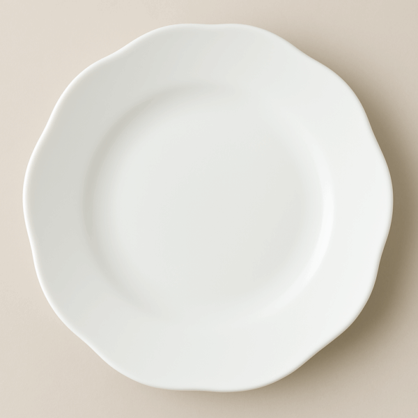 Refined 8.5-inch white porcelain plate with elegant gold rim detailing—perfect for salad courses, upscale event rentals, Houston wedding tableware, and fine dining presentations.