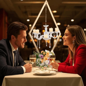 Rent elegant tabletop decor from Houston Party Rental Services, featuring a gold geometric diamond frame with a hanging crystal chandelier centerpiece. Perfect for weddings, corporate events, and upscale parties in Houston, TX. Available for rent with full-service setup, styling, and delivery.