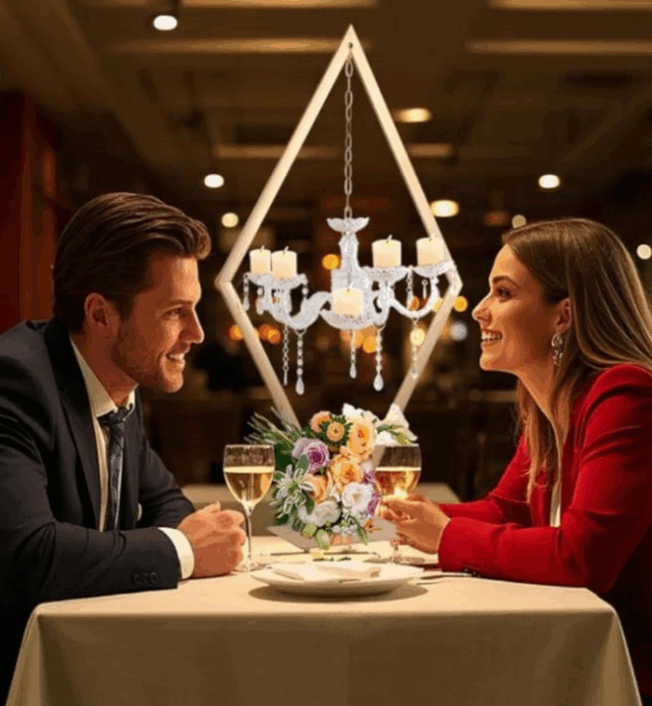 Rent elegant tabletop decor from Houston Party Rental Services, featuring a gold geometric diamond frame with a hanging crystal chandelier centerpiece. Perfect for weddings, corporate events, and upscale parties in Houston, TX. Available for rent with full-service setup, styling, and delivery.