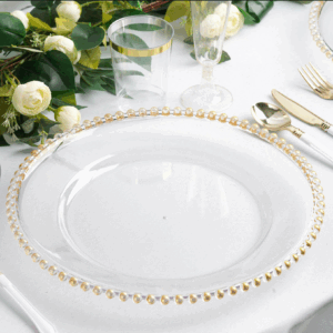 13" Round Clear with Gold Beaded Rim