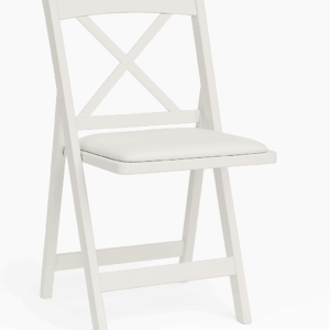 White padded garden chair with cushion shown on a clean white background—stylish event seating for weddings, outdoor parties, and upscale functions. Available from Houston Party Rental Services, serving Houston, Katy, Richmond, and nearby Texas communities.