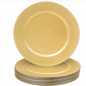 elegant gold charger plates with beaded rims—ideal for upscale Houston event rentals, weddings, and formal table settings.