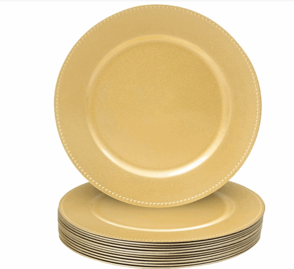 elegant gold charger plates with beaded rims—ideal for upscale Houston event rentals, weddings, and formal table settings.