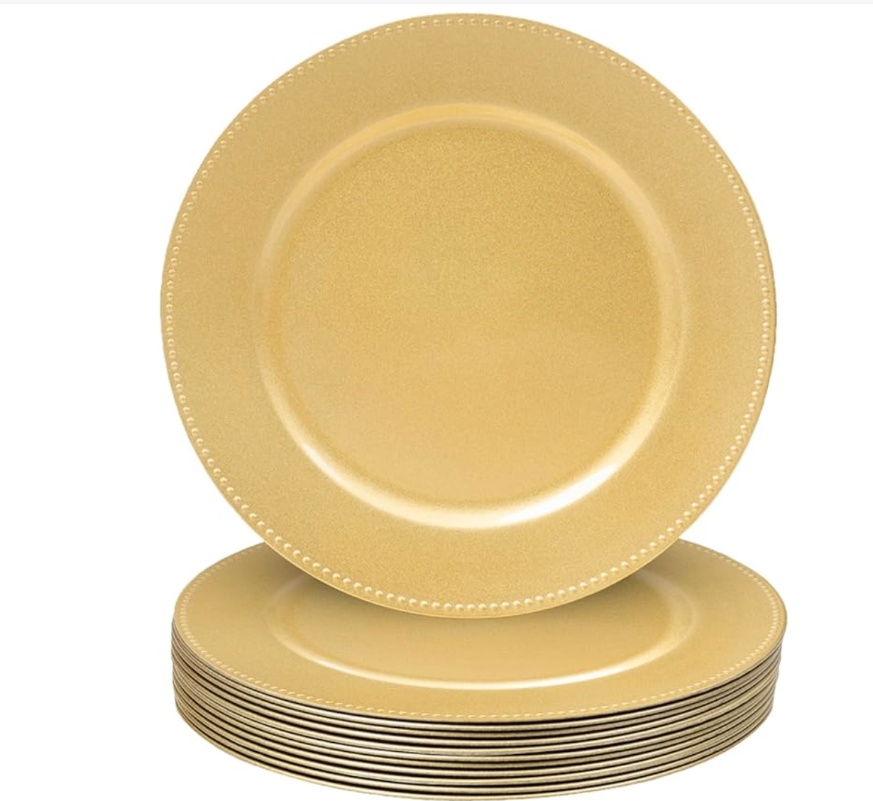 elegant gold charger plates with beaded rims—ideal for upscale Houston event rentals, weddings, and formal table settings.