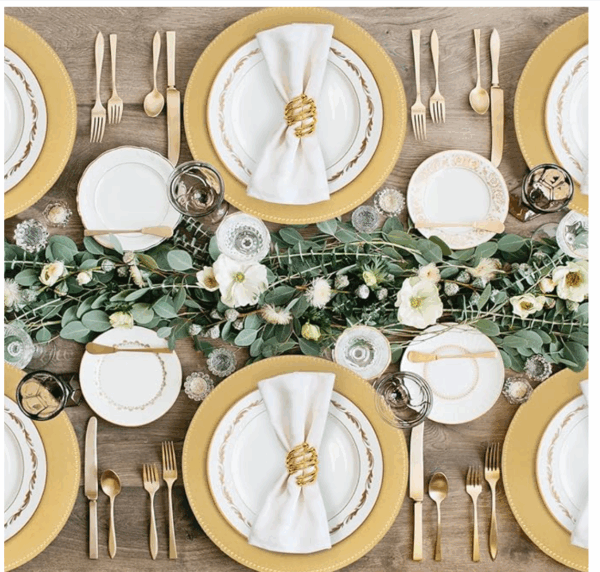 elegant gold charger plates with beaded rims—ideal for upscale Houston event rentals, weddings, and formal table settings