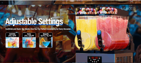 Dual-flavor frozen drink machine with adjustable temperature settings for cold drinks, slushies, and margaritas. Features digital display, and vibrant slush drinks in a festive party setting. Ideal for commercial beverage service, event rentals, and frozen drink catering in Houston.