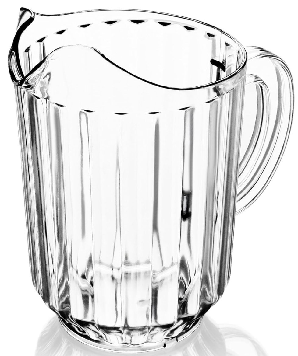 Clear 60 oz plastic water pitcher rental with fluted design, easy-pour spout, and sturdy handle—ideal for serving water, iced tea, or juice at weddings, parties, and catered events in Houston. Durable, elegant, and perfect for high-volume beverage service.