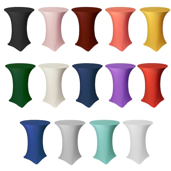 Colorful cocktail tables with fitted linens in black, pink, brown, coral, yellow, green, ivory, navy, lavender, red, blue, gray, mint, turquoise, and white—perfect for upscale Houston party rentals, weddings, corporate events, and outdoor celebrations.