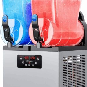 Dual-tank frozen drink machine with digital temperature display and fruit-themed design—perfect for party rentals in Houston, TX.