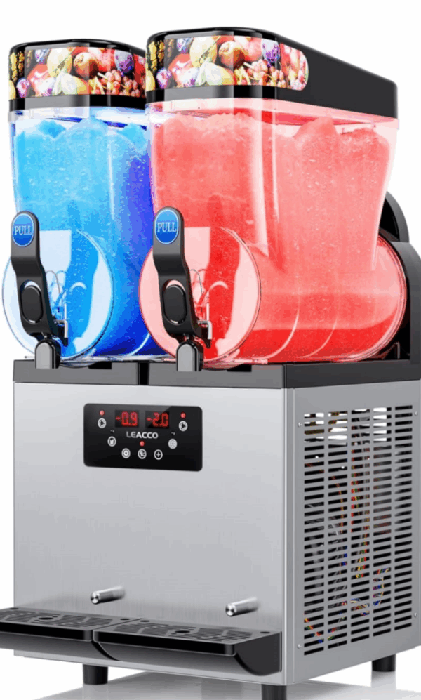 Dual-tank frozen drink machine with digital temperature display and fruit-themed design—perfect for party rentals in Houston, TX.