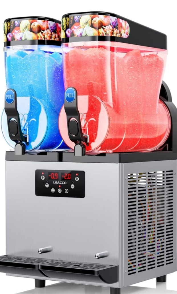 Dual-tank frozen drink machine with digital temperature display and fruit-themed design—perfect for party rentals in Houston, TX.