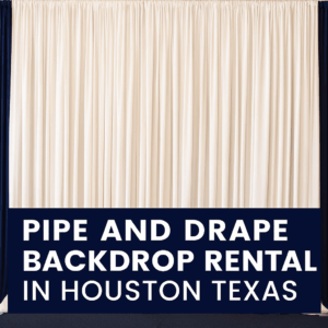 Elegant pipe and drape backdrop rental setup in Houston, Texas featuring white center drapery framed by deep blue panels, ideal for weddings, corporate events, and photo booths.
