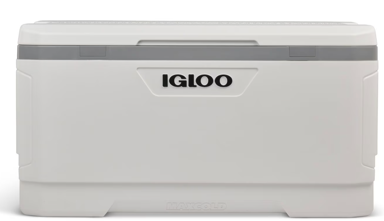 150 QT Ice Chest Cooler Rental – Houston TX - Houston Party Rental Services White Igloo MaxCold 150 QT cooler with gray lid and trim, ideal for event rentals in Houston, used for keeping food and drinks cold at parties, weddings, and outdoor gatherings.