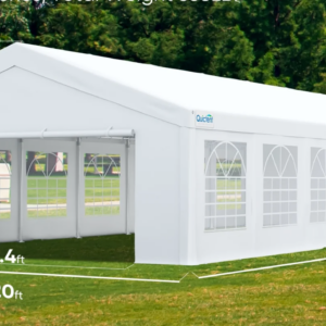 Large white outdoor event tent with arched side windows and a peaked roof, set up on grass. Measures 20 ft wide by 50 ft long with a 9.9 ft peak height and 6.5 ft side height. Front entrance features transparent panels and a 15.4 ft wide opening.
