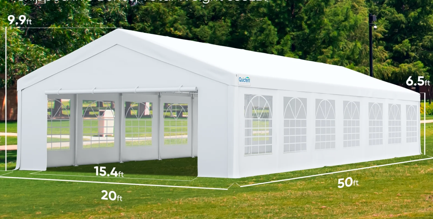 Large white outdoor event tent with arched side windows and a peaked roof, set up on grass. Measures 20 ft wide by 50 ft long with a 9.9 ft peak height and 6.5 ft side height. Front entrance features transparent panels and a 15.4 ft wide opening.