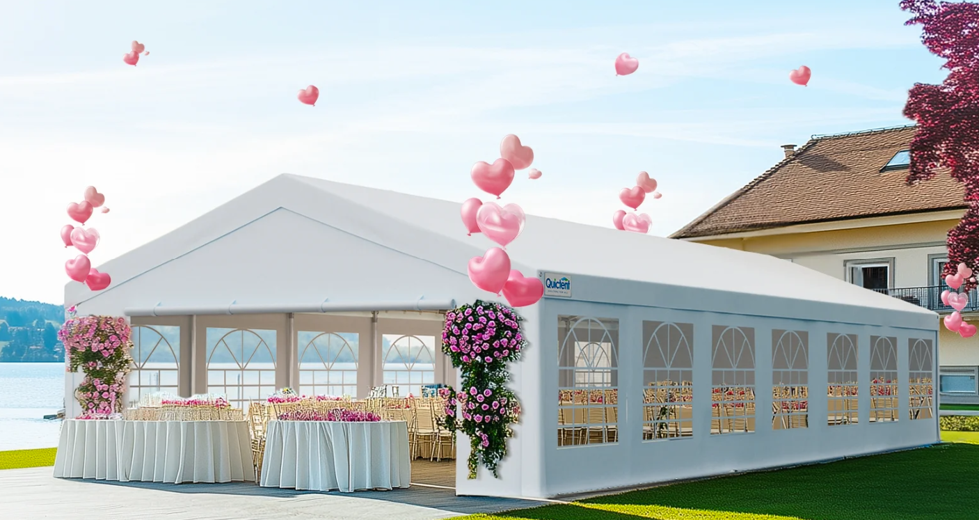 Elegant 20x50 Event Tent for Weddings, Parties & Outdoor Gatherings - Houston Party Rental Services Large white outdoor event tent with arched side windows and a peaked roof, set up on grass. Measures 20 ft wide by 50 ft long with a 9.9 ft peak height and 6.5 ft side height. Front entrance features transparent panels and a 15.4 ft wide opening.