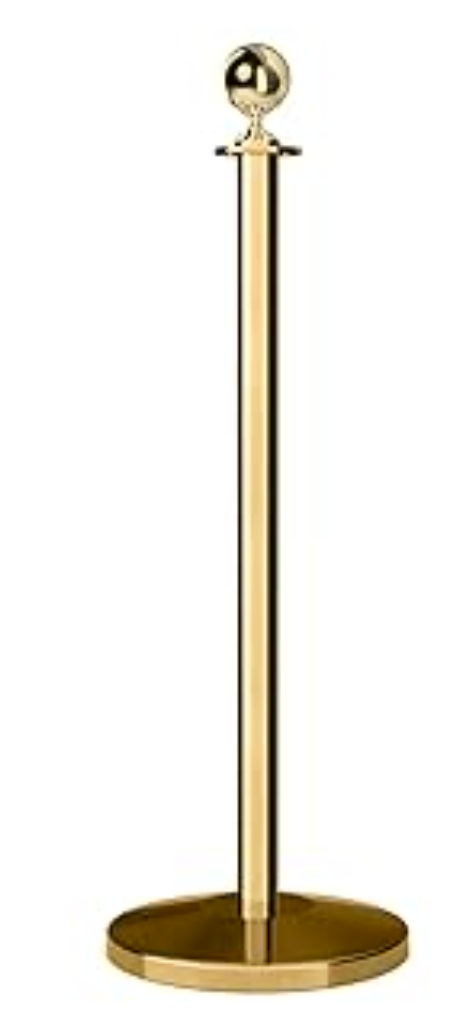 Gold stanchion post with round base and polished ball top, ideal for elegant crowd control at events