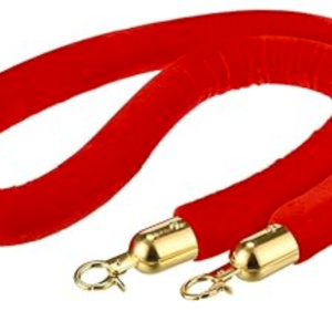 Five-foot red velvet rope with polished metal ends, designed for stanchions to create elegant event barriers.