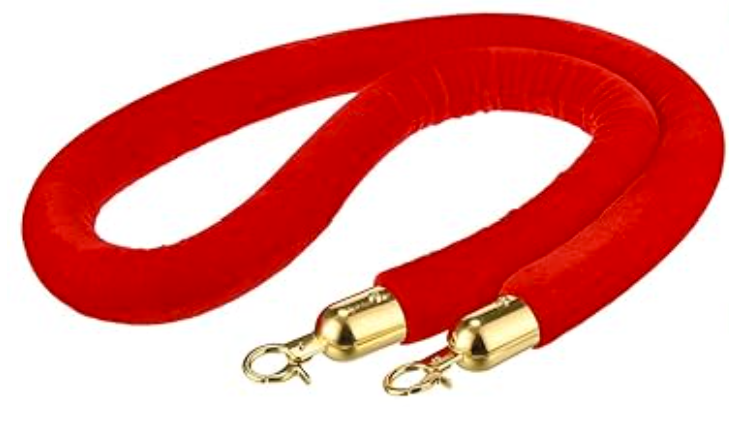 Five-foot red velvet rope with polished metal ends, designed for stanchions to create elegant event barriers.